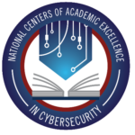 The seal of the National Centers of Academic Excellence. The red, white and blue colored seal features an open book with wires dangling above it. Encircling the image are the words "National Centers of Academic Excellence" at the top and "in cybersecurity" at the bottom.