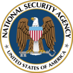 The seal of the National Security Agency. The seal features a bald eagle with outstretched wings holding a key in its talons. The eagle's chest is adorned with a shield that has a blue field with white stars at the top and vertical red and white stripes below. Encircling the eagle is a blue background with the words "NATIONAL SECURITY AGENCY" at the top and "UNITED STATES OF AMERICA" at the bottom, both in black lettering on a white background.