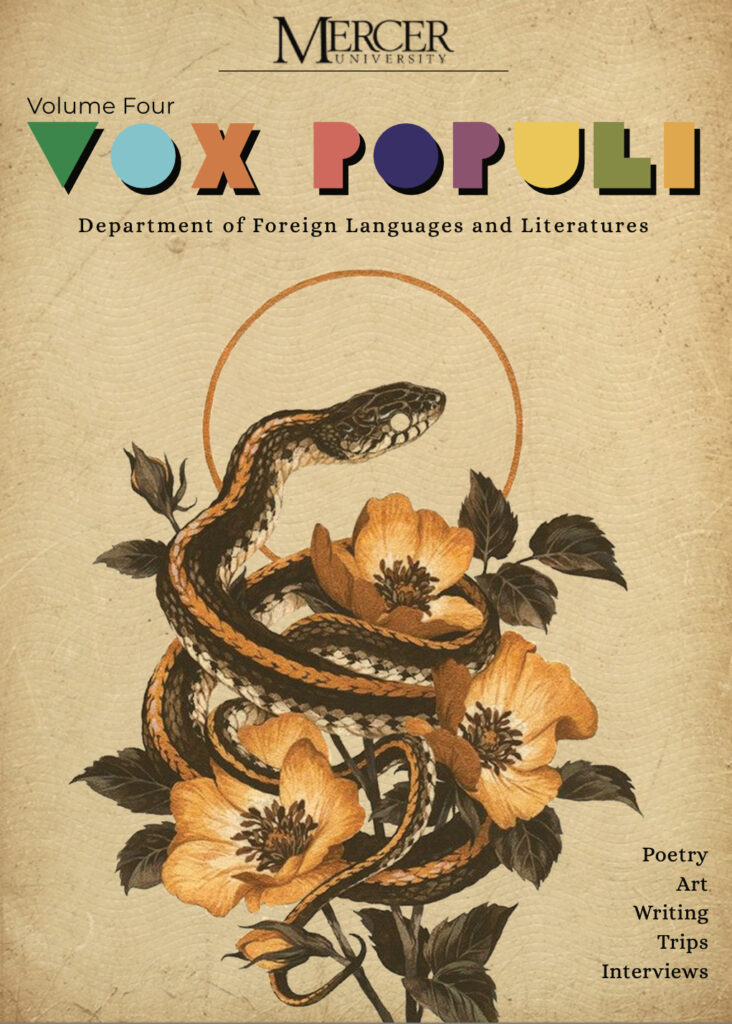 Cover of Vox Populi, Volume Four, featuring an illustration of a snake wrapped around flowers. The colors are reminiscent of a monarch butterfly, symbolizing immigration and transformation. The issue includes poetry, art, writing, trips and interviews.