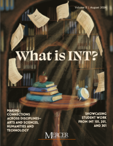 What is INT cover features an illustration of papers swirling through the air from a table with books. In the background, there are rows of bookshelves in a library.